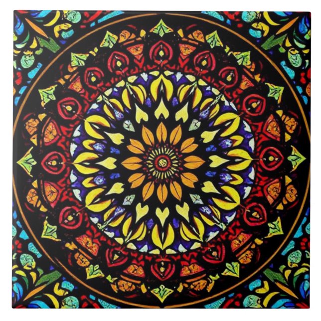 Farbenfrohe gestanzte Glasflora Mandala Artwork Fliese (Vorderseite)