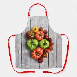 Farbenfrohe gestreifte Tomaten auf Wettertisch Schürze