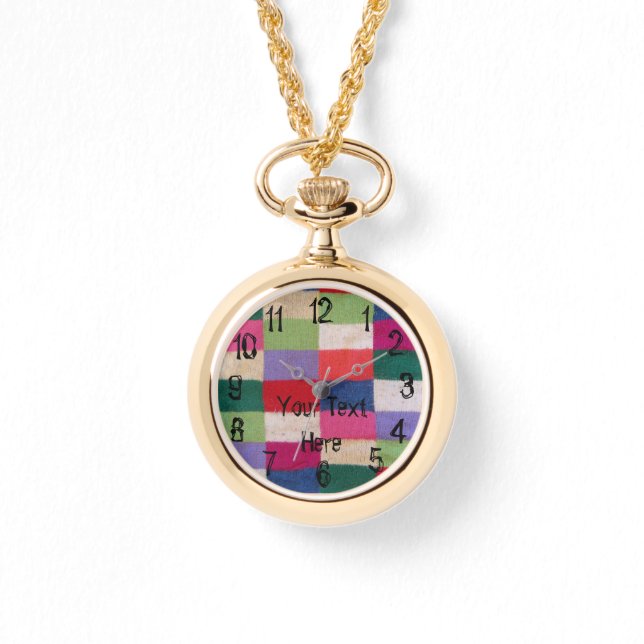 farbenfrohe gestrickte Patchwork-Quadrate Vintag Armbanduhr (Vorderseite)