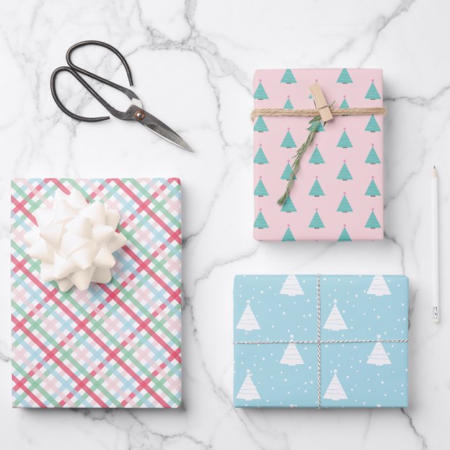 Farbenfrohe Gingham- und Weihnachtsbäume Geschenkpapier Set (Vorderseite)