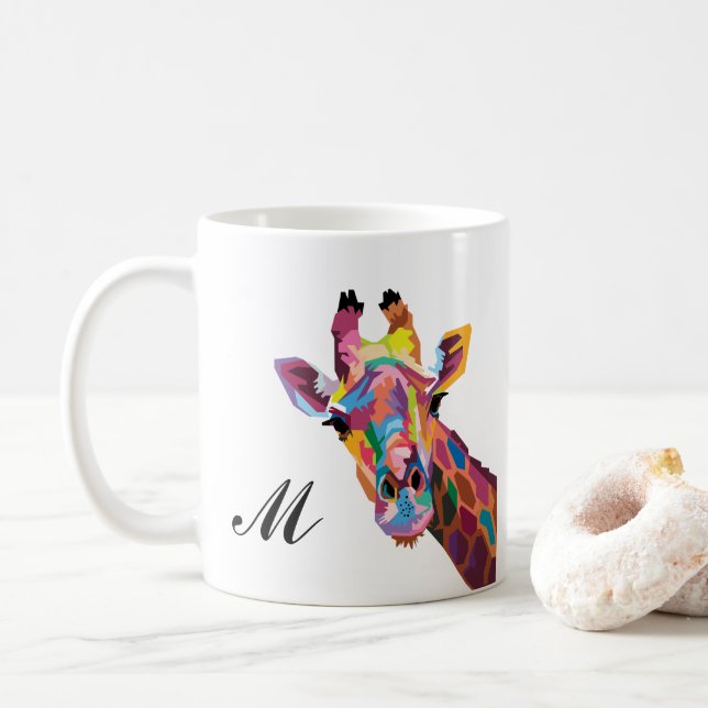 Farbenfrohe Giraffe Pop Art Monogram Kaffee Tasse (Mit Donut)