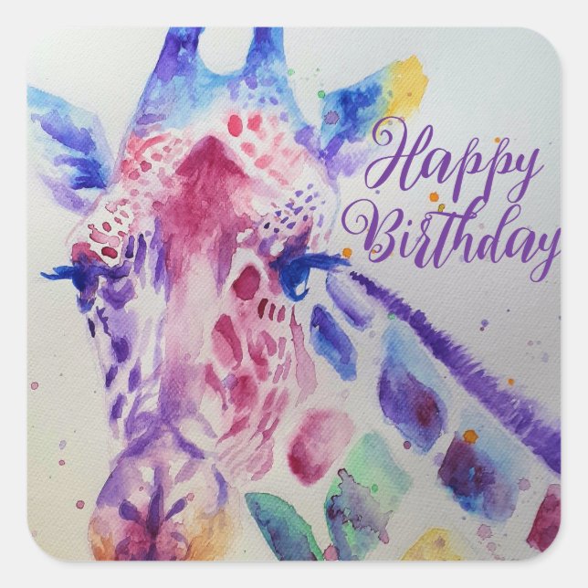 Farbenfrohe Giraffe Tier Wasserfarben Art Boys Quadratischer Aufkleber (Vorderseite)