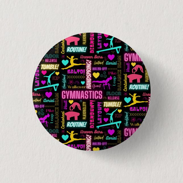 Farbenfrohe Girls Gymnastik Glossartypografie Button (Vorderseite)