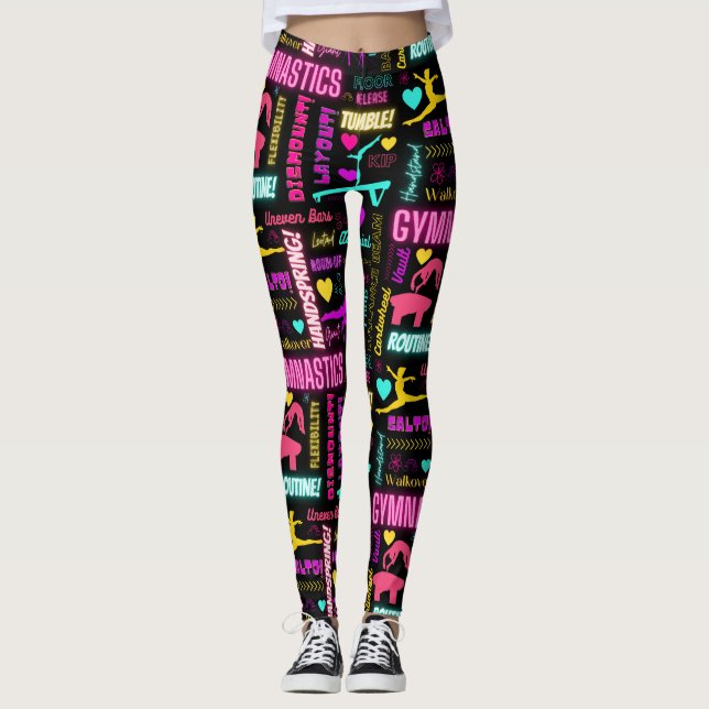 Farbenfrohe Girls Gymnastik Glossartypografie Leggings (Vorderseite)