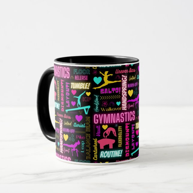 Farbenfrohe Girls Gymnastik Glossartypografie Tasse (Vorderseite Links)