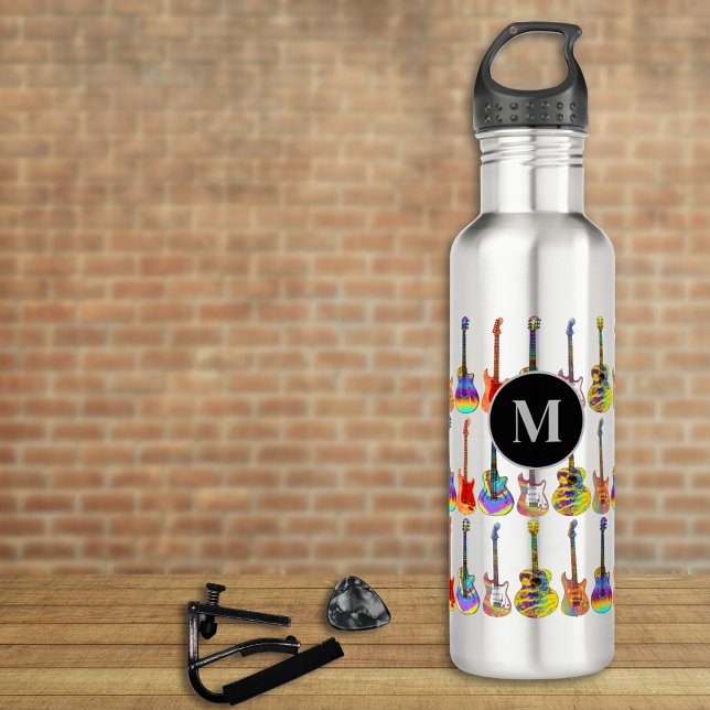 Farbenfrohe Gitarrenmuster-Monogramm Edelstahlflasche (Funky psychedelic Guitar pattern personalized monogram water bottle for guitarists musicians )