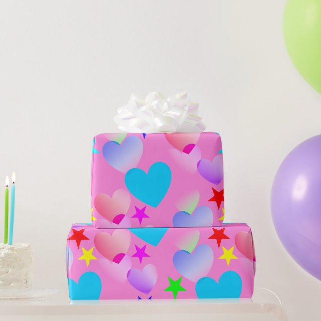 Farbenfrohe Gliding Hearts 'n Stars Geschenkpapier (Partygeschenke)