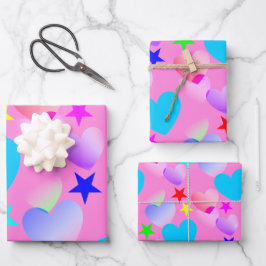Farbenfrohe Gliding Hearts 'n Stars Geschenkpapier Set