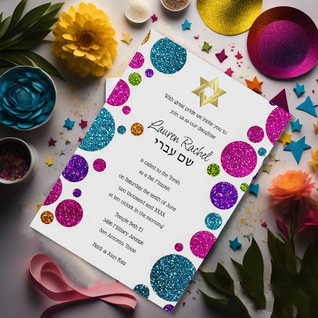 Farbenfrohe Glittery Punkte auf jeder Farbe Bat Mi Einladung (Von Creator hochgeladen)