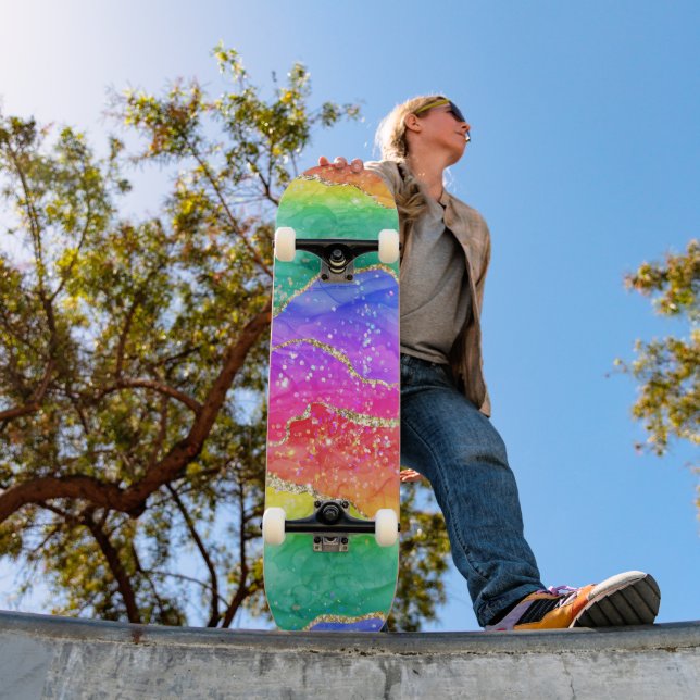 Farbenfrohe Glitzer mit leuchtendem Regenbogen Skateboard (Außen 1)