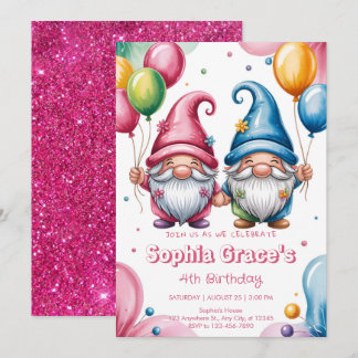 Farbenfrohe glückliche Gnome mit Ballons Einladung