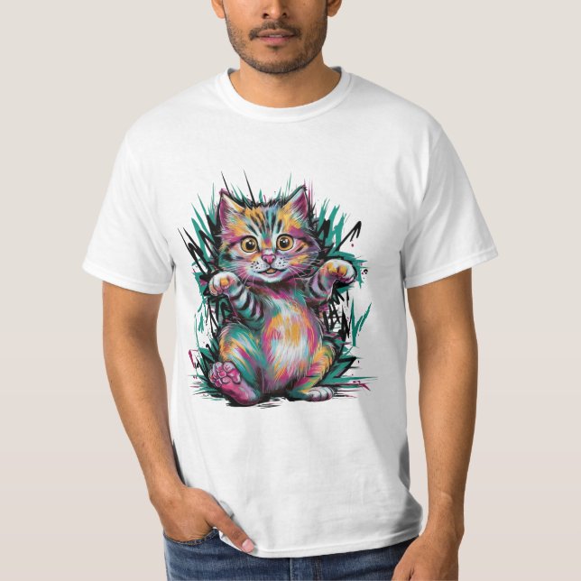 Farbenfrohe glückliche Katze T-Shirt (Vorderseite)