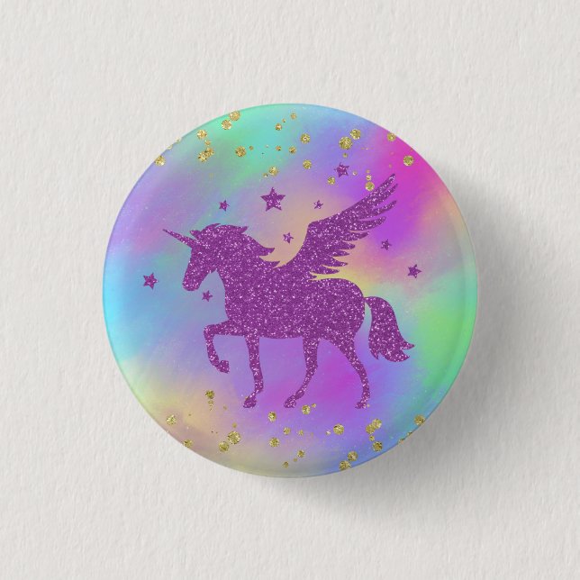 Farbenfrohe goldene Speckled Magical Unicorn Button (Vorderseite)
