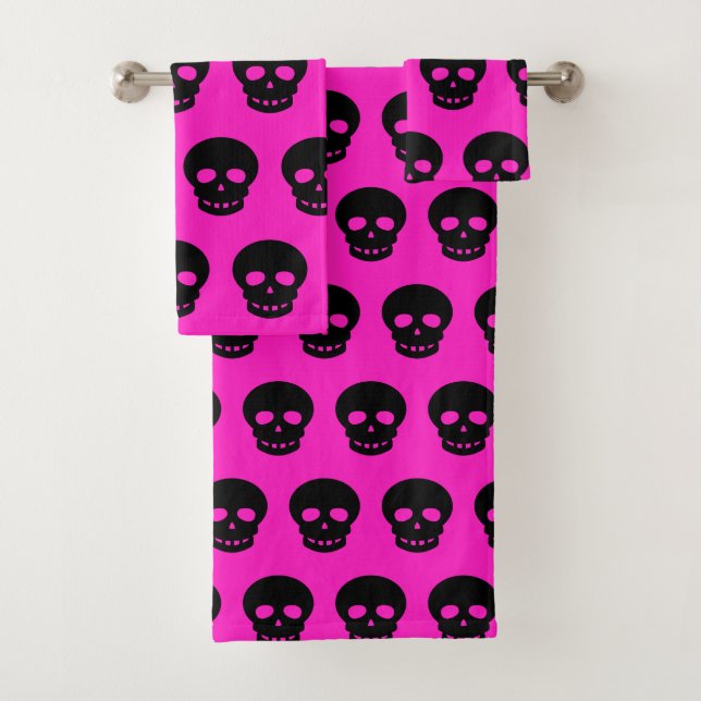 Farbenfrohe Goth Hot Pink Skull Muster hell Badhandtuch Set (Insitu)