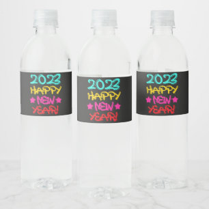 Farbenfrohe Graffiti Frohes Neues Jahr 2023 in Ret Wasserflaschenetikett