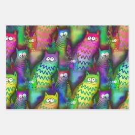 Farbenfrohe Grafikkatzen mit Grins 3 Geschenk Geschenkpapier Set