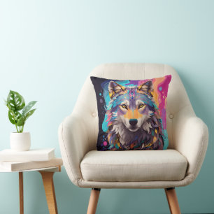 Farbenfrohe graue Wolf Neon Farben Kissen