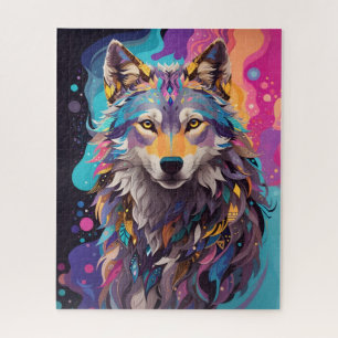 Farbenfrohe graue Wolf Neon Farben Puzzle