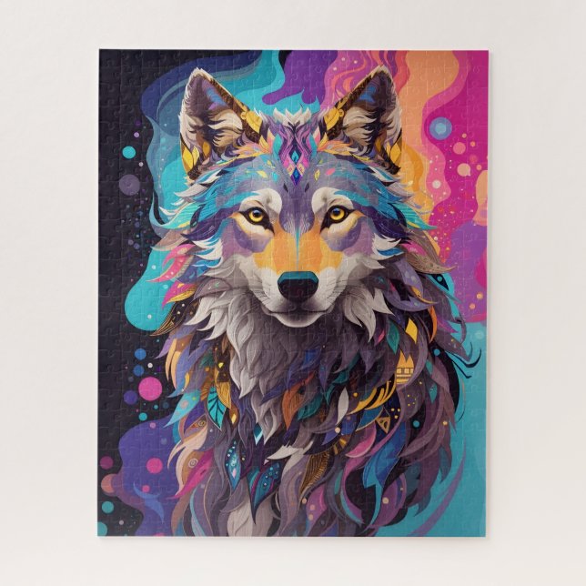 Farbenfrohe graue Wolf Neon Farben Puzzle (Vertikal)