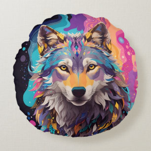 Farbenfrohe graue Wolf Neon Farben Rundes Kissen