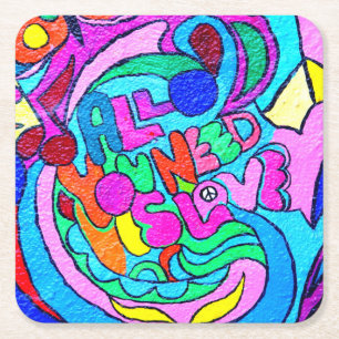 farbenfrohe groovy Frieden und Liebe Rechteckiger Pappuntersetzer