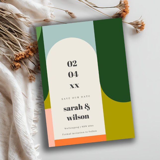 Farbenfrohe Groovy Retro Arch Abstrakt Rettete uns Einladung (Von Creator hochgeladen)