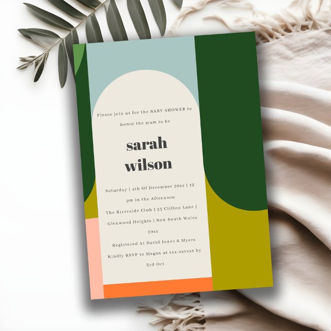 Farbenfrohe Groovy Retro Arch Abstrakte Babydusche Einladung (Von Creator hochgeladen)