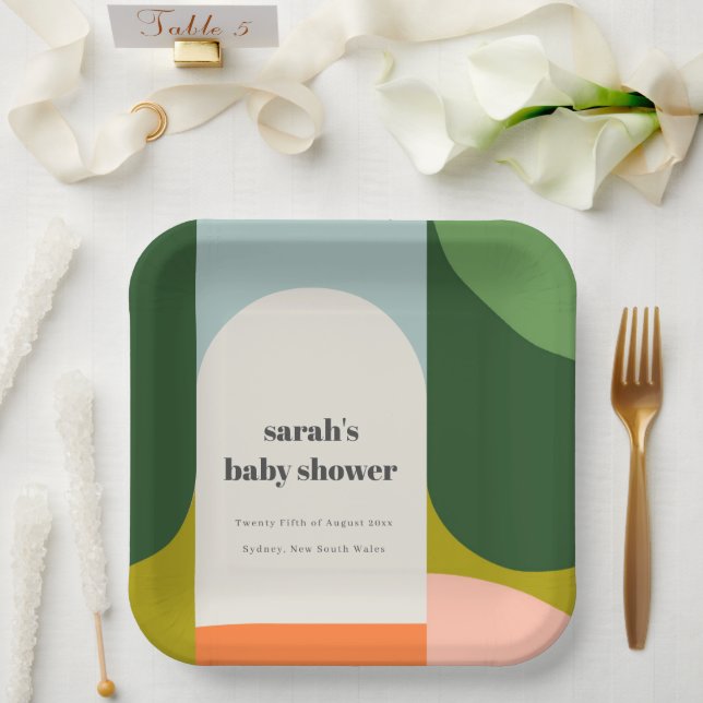 Farbenfrohe Groovy Retro Arch Abstrakte Babydusche Pappteller (Hochzeit)