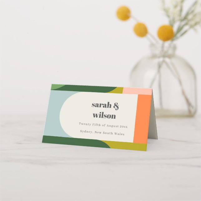 Farbenfrohe Groovy Retro Arch Abstrakte fette Hoch Platzkarte (Vorderseite)