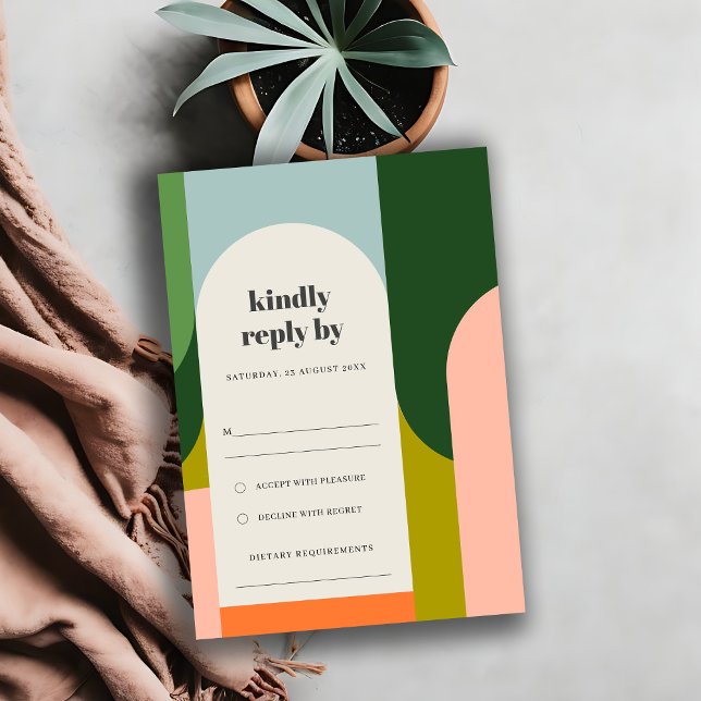 Farbenfrohe Groovy Retro Arch Abstrakte fette Hoch RSVP Karte (Von Creator hochgeladen)