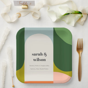 Farbenfrohe Groovy Retro Arch Abstrakte Hochzeit Pappteller