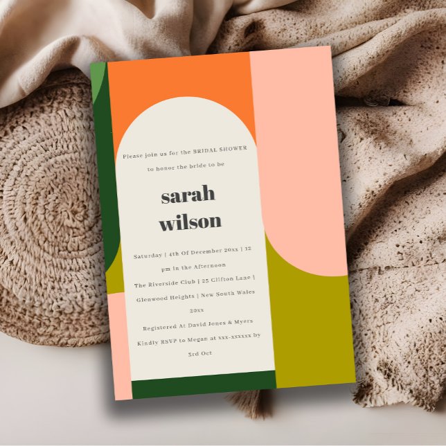 Farbenfrohe Groovy Retro Arch Abstraktes Brautpart Einladung (Von Creator hochgeladen)