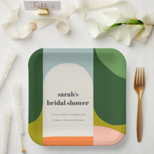 Farbenfrohe Groovy Retro Arch Abstraktes Brautpart Pappteller