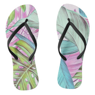 Farbenfrohe große tropische Blätter Aquarell Flip Flops