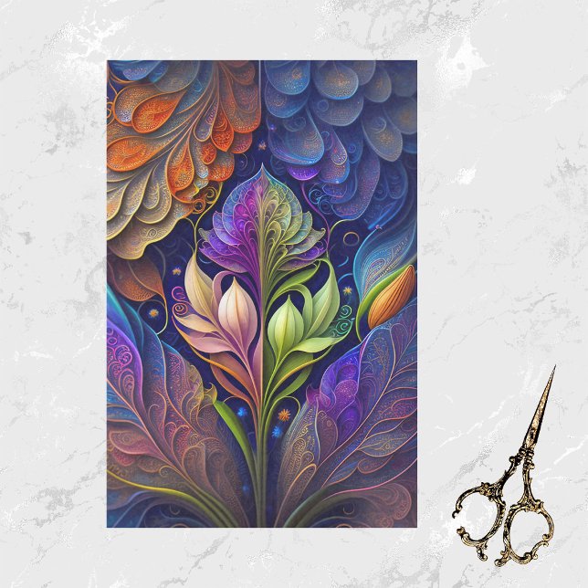 Farbenfrohe grüne blaurosa Blumendarstellung Seidenpapier (Von Creator hochgeladen)