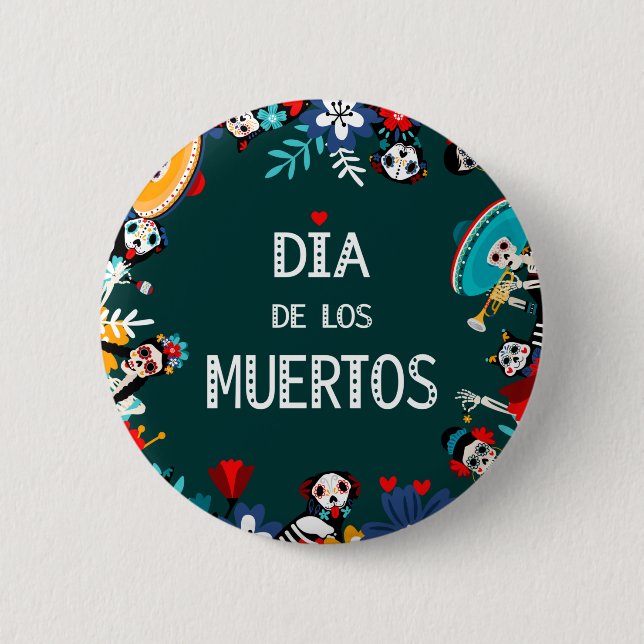 Farbenfrohe grüne Dia de los Muertos Lebenslauf Button (Vorderseite)