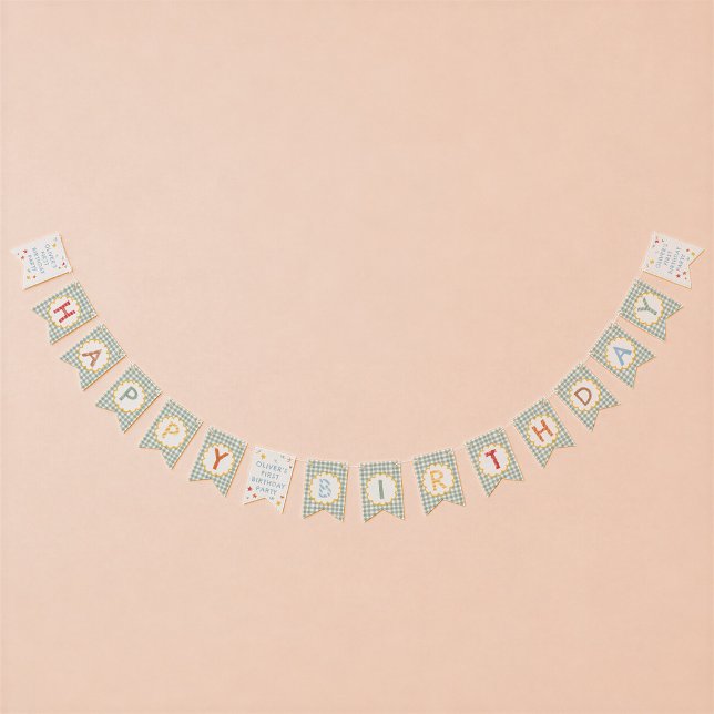 Farbenfrohe grüne Gingham 1. Geburtstag Wimpelkette (Von Creator hochgeladen)