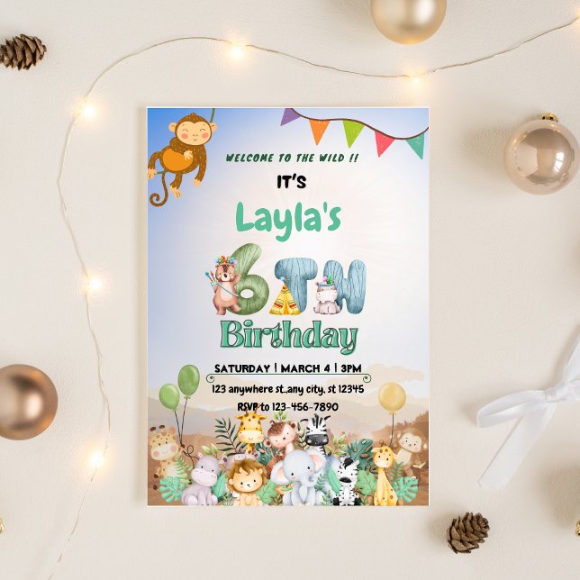 Farbenfrohe grüne und blaue Safari Thema 6. Geburt Einladung (Colorful Green & Blue Safari 6th Birthday Invitation)