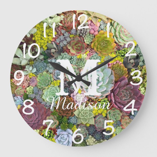 Farbenfrohe Grünpflanzen Sukkulente Große Wanduhr (Vorderseite)