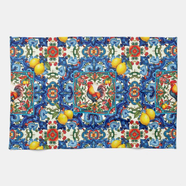 Farbenfrohe Hahn, mediterran, mosaik, Zitrone, Geschirrtuch (Horizontal)