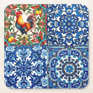 Farbenfrohe Hahn, mediterran, mosaik, Zitrone, Rechteckiger Pappuntersetzer