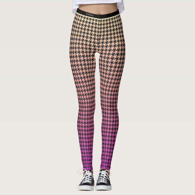 Farbenfrohe Hahnentrittmuster-rosa bis gelb-gelb-s Leggings (Vorderseite)