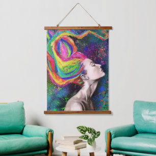 Farbenfrohe Hair Woman Hanging Tapestes Wandteppich Mit Holzrahmen