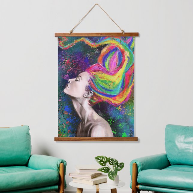 Farbenfrohe Hair Woman Hanging Tapestry - Malerei Wandteppich Mit Holzrahmen (Wohnzimmer)