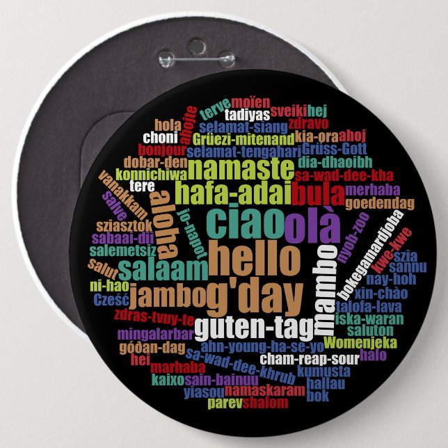 Farbenfrohe Hallo in vielen Sprachen Word Cloud Button (Vorne & Hinten)
