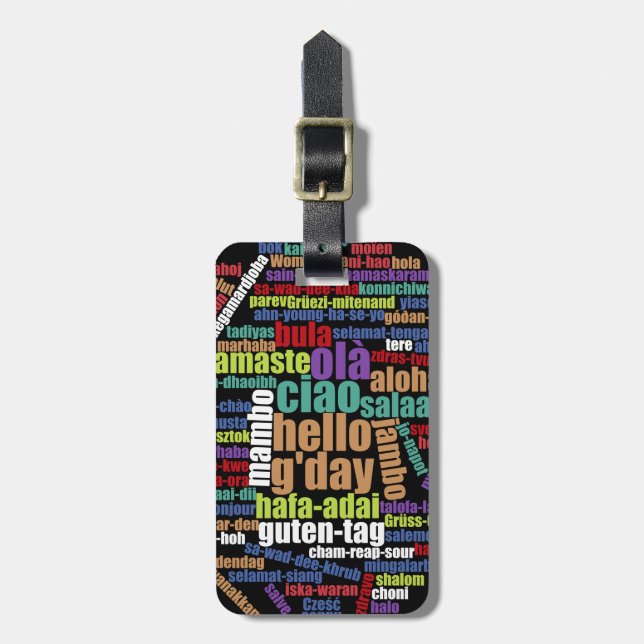Farbenfrohe Hallo in vielen Sprachen Word Cloud Gepäckanhänger (Vorderseite vertikal)