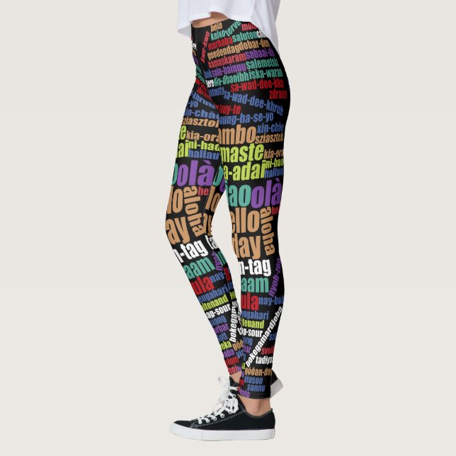 Farbenfrohe Hallo in vielen Sprachen Word Cloud Leggings (Links)