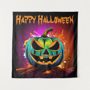 Farbenfrohe Halloween-Creepy Pumpkin Black Wandteppich