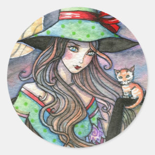 Farbenfrohe Halloween-Hexe und Tabby Kitten Sticke Runder Aufkleber