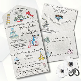 Farbenfrohe Hand Drawn Funky Italien Doodle Hochze All In One Einladung